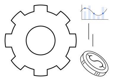 Süreç ve üretkenliği temsil eden büyük vites, finansal büyümeyi sembolize eden bozuk para ve eğilimleri veya analizleri gösteren çizgi grafiği. İş, büyüme, yatırım, verimlilik ve yenilik için ideal
