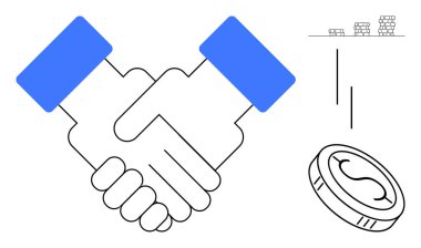 İki el titriyor, madeni para ve bar grafikleri mali büyüme, güven ve işbirliğini gösteriyor. İş için ideal, başarı, müzakere, ekonomi, takım çalışması stratejisi basit düz