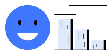 Düşen çubuk grafiğinin yanında gülümseyen mavi surat, memnuniyeti, geri bildirimi veya performans eğilimlerini simgeliyor. Analiz, geri bildirim, duygular, anketler, performans veri sunumu için ideal basit