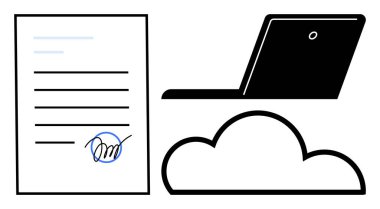 İmzalı, dizüstü bilgisayarlı, dijital anlaşmalı, çevrimiçi depolamalı ve uzaktan erişimli belgeler. Teknoloji, iş, sözleşmeler, e-imza veri yönetimi için ideal