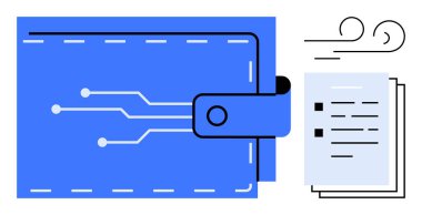 Uçan kağıt belgelerle birlikte elektronik devreli dijital cüzdan. Ödeme, güvenlik, finans, dijital depolama, online bankacılık, veri yönetimi, teknoloji için ideal. Basit düz metafor