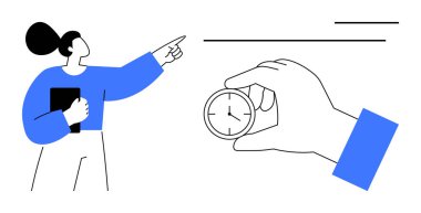 Elinde not panosu olan bir kadın, elinde bir el saati tutarken öne bakıyor. Zaman yönetimi, verimlilik, hedef belirleme, planlama, öncelik verme, karar verme, proje yönetimi için idealdir. Basit düz