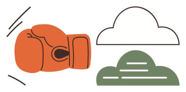 Soyut bulutların yakınında boks eldiveni, engelleri aşmayı ve hedeflere ulaşmayı sembolize ediyor. Spor, esneklik, çatışma, enerji, motivasyon, strateji ve hırs için ideal. Basit düz