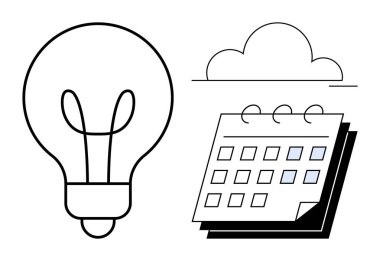 Yenilik için ampul, planlama için takvim ve birleştirme fikirleri için bulut. Yaratıcılık, organizasyon, beyin fırtınası, planlama, üretkenlik, strateji, düz metafor için ideal