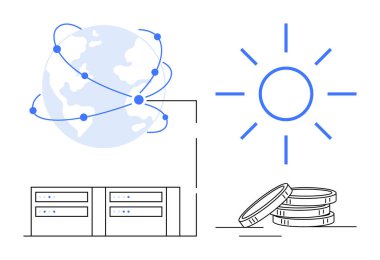 Küresel bağlantıyı, yenilenebilir enerjiyi, bulut hesaplamasını, finansal yatırımı, teknolojik gelişmeleri, sürdürülebilirliği gösteren düğümler, güneş ışınları, sunucular ve madeni para yığınına sahip dünya