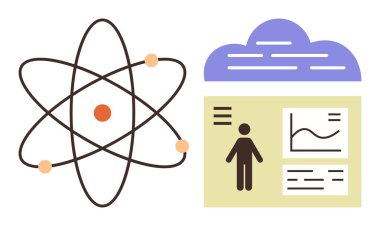 Bir bulutun altında grafiksel veri görselleştirmesinin yanında atom modeli. Bilim, teknoloji, yapay zeka, yenilik, araştırma, veri analizi ve bilgi transferi için idealdir. Basit düz metafor