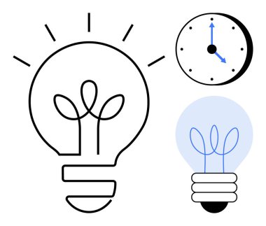 Bitki yeşil enerjiyi gösteren parlak bir ampul, zaman yönetimini gösteren bir saatle eşleştirilmiş. Yenilik için ideal, sürdürülebilirlik, eko-fikirler, üretkenlik, büyüme, yaratıcılık planlaması. Basit.