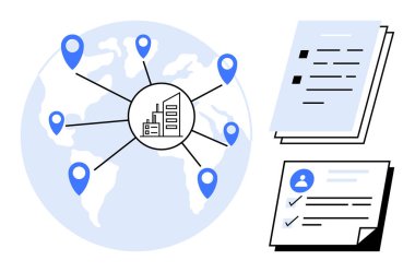 Bir iş merkezini bağlayan konum işaretleyicileri ile harita, maddeli belgeler ve veri tabloları. Küreselleşme, lojistik, ağ, iş stratejisi, veri yönetimi, basit HR dairesi için ideal