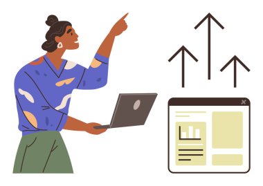 Dizüstü bilgisayarı olan bir kadın, yukarı bakan oklar ve çizelge ile tarayıcı ekranı gösteriyor. Analiz, büyüme, başarı, iş, strateji, performans teknolojisi için ideal. Basit düz metafor