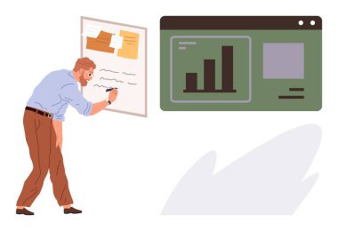 Dijital grafik ekranı çubuk grafiğini gösterirken adam planlama tahtasına notlar yazar. Proje yönetimi, veri analizi, strateji geliştirme, iş planlaması, iletişim, üretkenlik için ideal