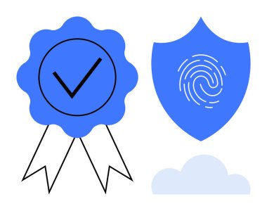 İşaretli mavi rozet, kalkanda parmak izi ve bulut. Kimlik doğrulama, veri güvenliği, güven, doğrulama, sertifika bulut hizmetleri dijital gizlilik için idealdir. Temiz, düz metafor