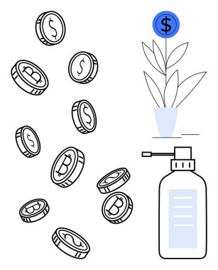 Bitki büyüyen dolar ikonu ve şişesinin yanına düşen dijital sikkeler mali büyüme, yatırım, yenilik, para birimi, sermaye, fintech ve tasarruf olanaklarını simgeler. Basit bir daire için mükemmel.