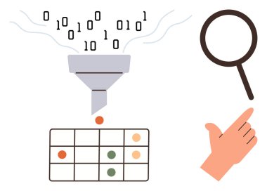 İkili kod huniden geçerek aşağıdaki ızgaraya gider. Yanında da işaret eden bir el ve büyüteç vardır. Veri analizi, filtreleme, karar verme, teknoloji, arama, içgörü, basit düz