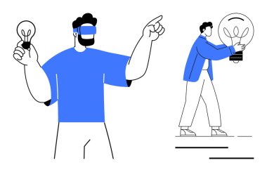 Sanal gerçeklik gözlüğü kullanan bir adam ampul tutuyor, diğeri de büyük ölçekli ampul taşıyor. Yenilik için ideal, AR, yaratıcılık, takım çalışması, teknoloji, problem çözme süreci. Basit düz