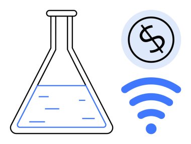 Sıvı, dolar para ve kablosuz sembollü laboratuvar şişesi yenilik, fon, bağlantı, araştırma, teknoloji, finansal büyüme ve ağı temsil ediyor. Bilimsel yenilik için ideal