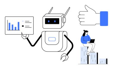 Robot elinde analiz çizelgesi, onaylı onay, veri çubuklarında dizüstü bilgisayar kullanan biri. Yapay zeka, otomasyon, veri görselleştirme, analitik, yenilik, geri besleme sistemleri için ideal teknoloji güdümlü büyüme