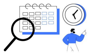 Bir takvim, bir saat üzerinde büyüteç ve zamanlamayı, görev planlama, zaman yönetimi, organizasyon, öncelik sıralaması izleme ve verimliliği gösteren bir kişi. Basit.