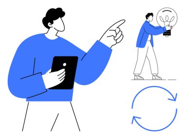 Tabletli bir adam, ampul taşıyan bir iş arkadaşı, geri dönüşümlü oklar. Yenilik için ideal, takım çalışması, yaratıcılık, fikir üretimi, işbirliği sürdürülebilirlik beyin fırtınası. Asgari basit