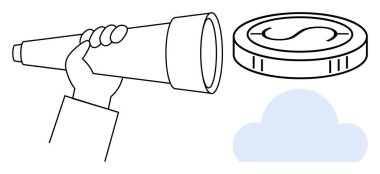 Teleskop madeni parayı işaret ediyor. Altında bulut var. Finansal fırsatlar, planlama, analiz. Finans, yatırım, vizyon ve odaklanma stratejisi için ideal iş başarısı