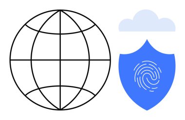 Baş parmaklar yukarı, mavi kalkan parmak izi ve bulut. Siber güvenlik, ağ güvenliği, veri koruması, çevrimiçi kimlik, biyometrik dijital güven teknolojisi için ideal. Basit düz metafor