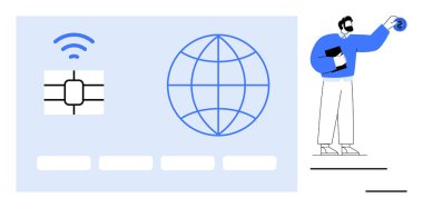 Küresel ağ kavramının yanında mikroçip ve kablosuz sinyal taşıyan bir cihaz tutan adam. Veri paylaşımı, yenilik, teknoloji, küreselleşme, internet, iletişim için ideal, basit düz metafor