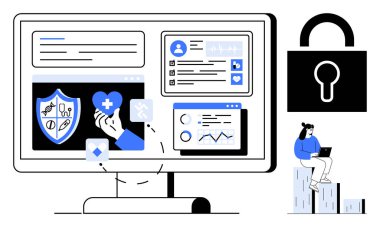 Sağlıkla ilgili uygulamaları olan bilgisayar ekranı, sigorta kalkanı, asma kilit ve laptop kullanan biri. Sağlık, analitik, siber güvenlik, tıbbi kayıtlar, sağlık teknolojisi veri yönetimi için ideal