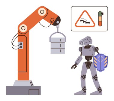 Robot kol kaldırma objesi yapay zeka robotunun kalkanı yanında, yukarıda güvenlik uyarısı işareti var. Teknoloji, otomasyon, robot bilimi, yapay zeka güvenliği, endüstriyel yenilik, işyeri verimliliği, gelecek için ideal