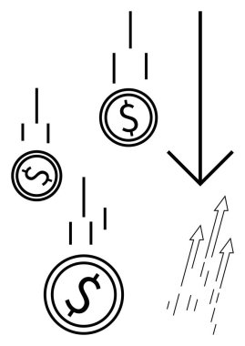 Dolar işaretli sikkeler yukarı ve aşağı bakan yönlü oklarla birlikte aşağıya doğru düşüyor. Finans, yatırım riski, ekonomik kriz, iyileşme stratejisi, tasarruf ve piyasa dalgalanması için ideal