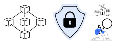 Güvenlik kalkanı simgesi, veri analiz eden kişi ve sürdürülebilir enerji ile bağlantılı engelleme zinciri ağı. Siber güvenlik, engelleme zinciri, veri analizi, gizlilik, yenilik ve teknoloji için ideal