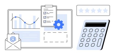 Veri analiz paneli, çizelgeler, kontrol listesi, e- posta simgesi ve ilerleme izleme ve planlama için hesap makinesi. Üretim, finans, iletişim, değerlendirme, yönetim için ideal