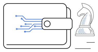 Cüzdanı dijital devre ve satranç şövalyesi parçası finans, teknoloji, güvenlik, strateji, yenilik, karar verme mekanizması ve engeli temsil ediyor. Fintech uygulamaları için ideal, düz basit