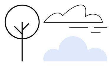 Minimalist tasarımlı iki bulutlu stilize ağaç. Doğa, basitlik, çevre, ekoloji, büyüme, hava durumu, huzur için idealdir. Basit bir düz metafor.