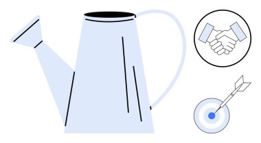 Sulama büyümeyi temsil edebilir. El sıkışma işbirliği ve ortaklığı sembolize eder. Oklu hedef odaklanma ve başarıyı gösteriyor. Takım çalışması, strateji, planlama, hedefler, üretkenlik için ideal