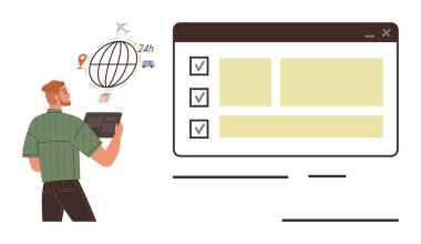 Kontrol listesi arayüzünün yanında tablet tutan adam, uçak, kamyon ve saati olan dünya simgeleri. Lojistik, dağıtım, küresel işletme, görev yönetimi, verimlilik iş akışı ve zaman verimliliği için ideal