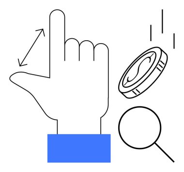 Ölçüm oku, büyüteç ve ekonomiyi, analizi, araştırmayı, hassasiyeti, değeri, karar verme mekanizmasını ve keşfi vurgulayan bozuk para ile el kaldırıldı. Çok yönlü basit düz metafor