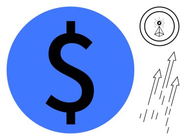 Mavi bir dairede siyah dolar işareti, yükselen oklar, bir dairenin içindeki soyut gözler. Finans, büyüme, yatırım, vizyon, stratejik ilerleme pazar eğilimleri için ideal. En basit düz metafor