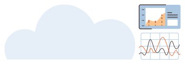 Veri grafikleri ve analitik gösterge paneli olan bulut ögesi eğilimleri ve performans ölçümlerini gösteriyor. Teknoloji, analitik, bulut depolama, görselleştirme, iş sezgileri, bilişim çözümleri, basit