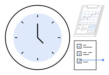 Zamanı vurgulayan saat, görev takibi için kontrol listesi ve analitik çizelgesi verimlilik, hedef belirleme, organizasyon, mühlet, planlama, analiz ve stratejiyi temsil etmektedir. Üretkenlik için ideal
