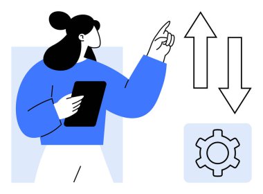 Tableti tutan kadın dişli ikonunun yanında yukarı ve aşağı ok atıyor. Ayarlar, yönetim, iş akışı, süreç iyileştirmesi, karar verme süreci, iş büyümesi, basit iniş sayfası için ideal