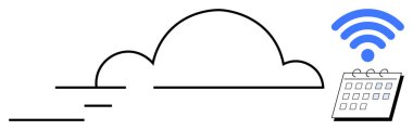 Hareket çizgileri olan soyut bulut, bağlı dijital takvim ve kablosuz sinyal. Teknoloji, bulut depolama, kablosuz bağlantı, dijital planlama, organizasyon, iletişim için ideal
