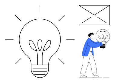 Ana fikir olarak ampul, daha küçük ampul konsepti olan bir adam ve iletişimi simgeleyen bir zarf. Yaratıcılık, yenilik, takım çalışması, problem çözme, mesajlaşma, iş eğitimi için ideal