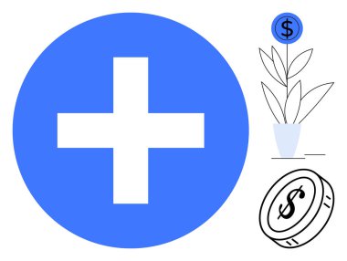 Mavi artı işareti, dolar işareti ile büyüyen saksı bitkisi ve madeni para finansal büyümeyi vurguluyor. Finans, yatırım, sağlık fonu, iş büyümesi, tasarruf, ekonomik refah için ideal basit