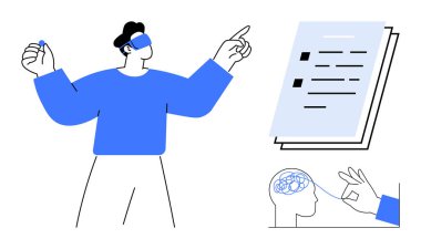 AR gözlüğü takan biri bir belgeyi işaret ediyor. Beyin görselleştirmesi ellerle bağlantılı. Bilişsel süreçleri vurguluyor. Yenilik, teknoloji, yaratıcılık, eğitim ve nörobilim için ideal