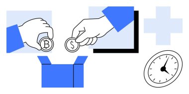 Kripto para ve dolar paralarını kutuya koyan eller mali kararları, zamanı ve sağlık hizmetlerini temsil ediyor. Yatırım için ideal, fintech, tasarruf, bağış hayır kurumu sağlık ekibi çalışması. Basit.