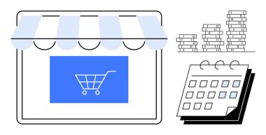 Alışveriş arabası ikonu, takvim ve e-ticaret yönetimini sembolize eden madeni paralar. Perakende, finans, planlama, pazarlama, satış ve strateji büyümesi için ideal