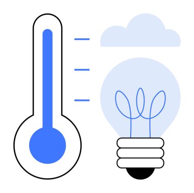 Isı seviyeli termometre, ampul ve iklim etkisini görselleştiren bulut. Enerji korunumu, sürdürülebilirlik, iklim değişikliği, yenilik, yeşil teknoloji, yenilenebilir enerji için ideal