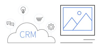 Fikirler, iletişim, e-ticaret ve çerçevelenmiş bir görüntünün yanındaki süreçler için çevredeki simgelerle CRM bulutu. İşlem, işbirliği, e-ticaret, planlama, teknoloji kullanıcı deneyimi için ideal