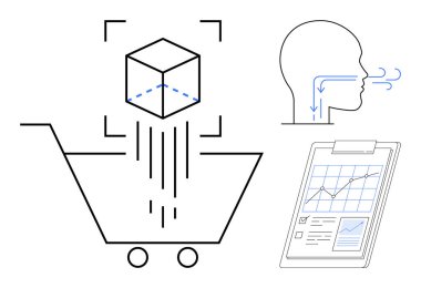 Tarayıcı küplü alışveriş arabası, nefes alış verişini gösteren insan kafası ve analitik gösteren bir pano. E-ticaret, ürün taraması, veri görselleştirme, bilim, sağlık için ideal