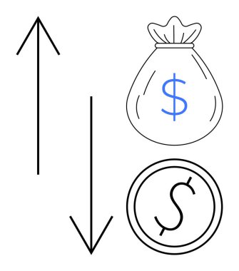 Dolar işaretli bir çanta ve bozuk parayla yukarı aşağı oklar finansal büyüme ve kayıplardaki eğilimleri vurguluyor. Ekonomi, finans, piyasa eğilimleri, iş, yatırım, tasarruf, zenginlik yönetimi için idealdir. A