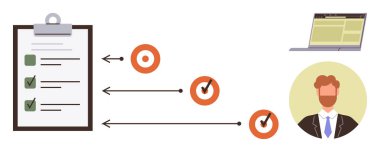 Hedef simgeler, takım avatarı ve dizüstü bilgisayara bağlı yapılacaklar listesi. Üretkenlik, proje planlaması, hedef belirleme, takım yönetimi, raporlama kararı dijital iş akışı için idealdir. Basit.